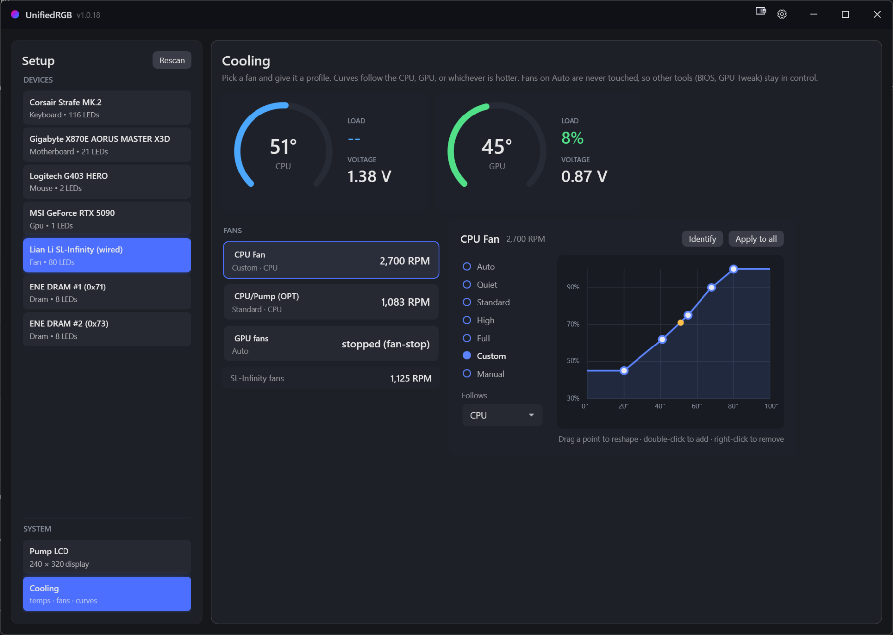 The Cooling panel with CPU and GPU gauges, a fan list, and a drag-to-edit curve editor