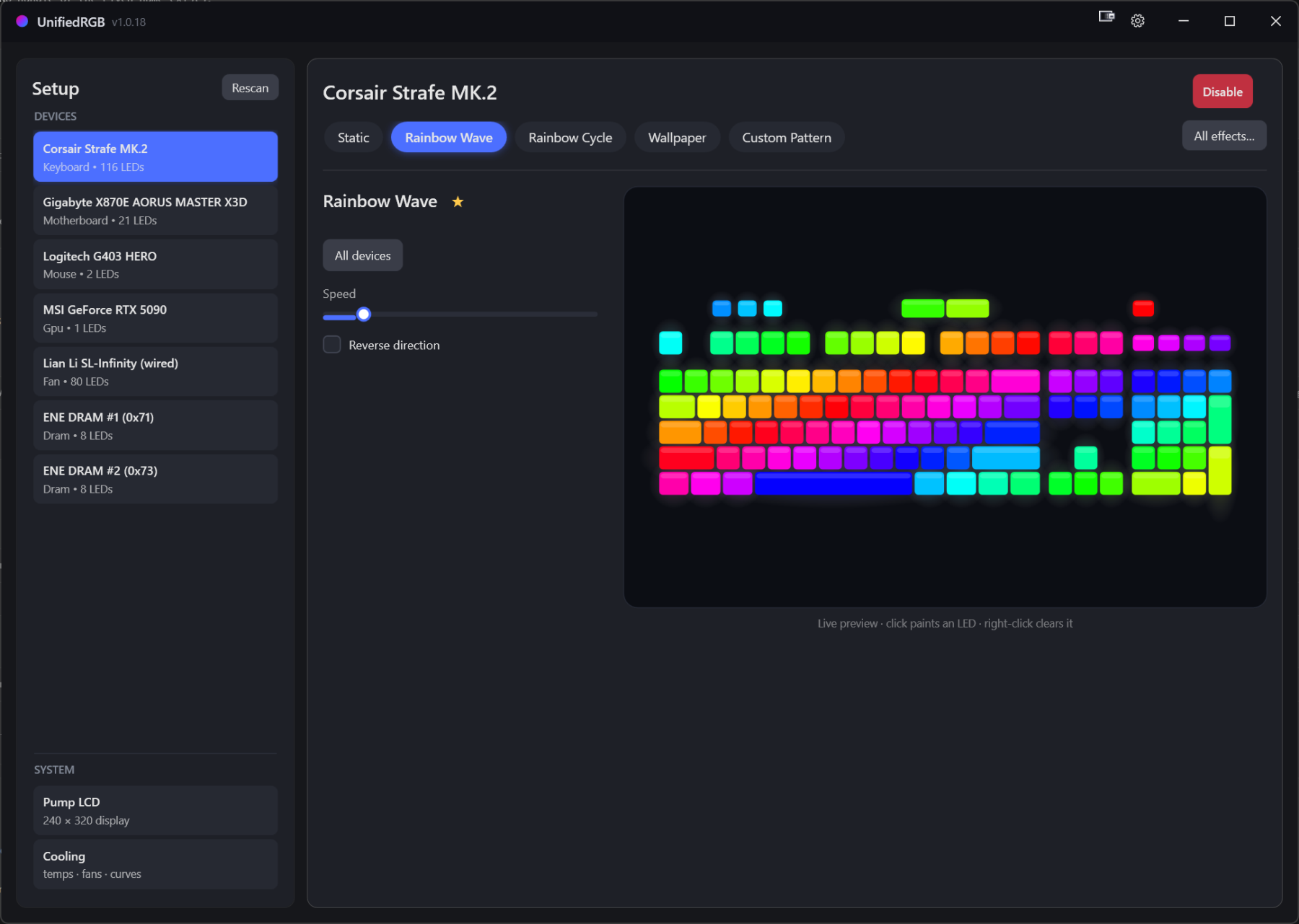 UnifiedRGB controlling per-key lighting on a Corsair keyboard, with a live preview of every LED