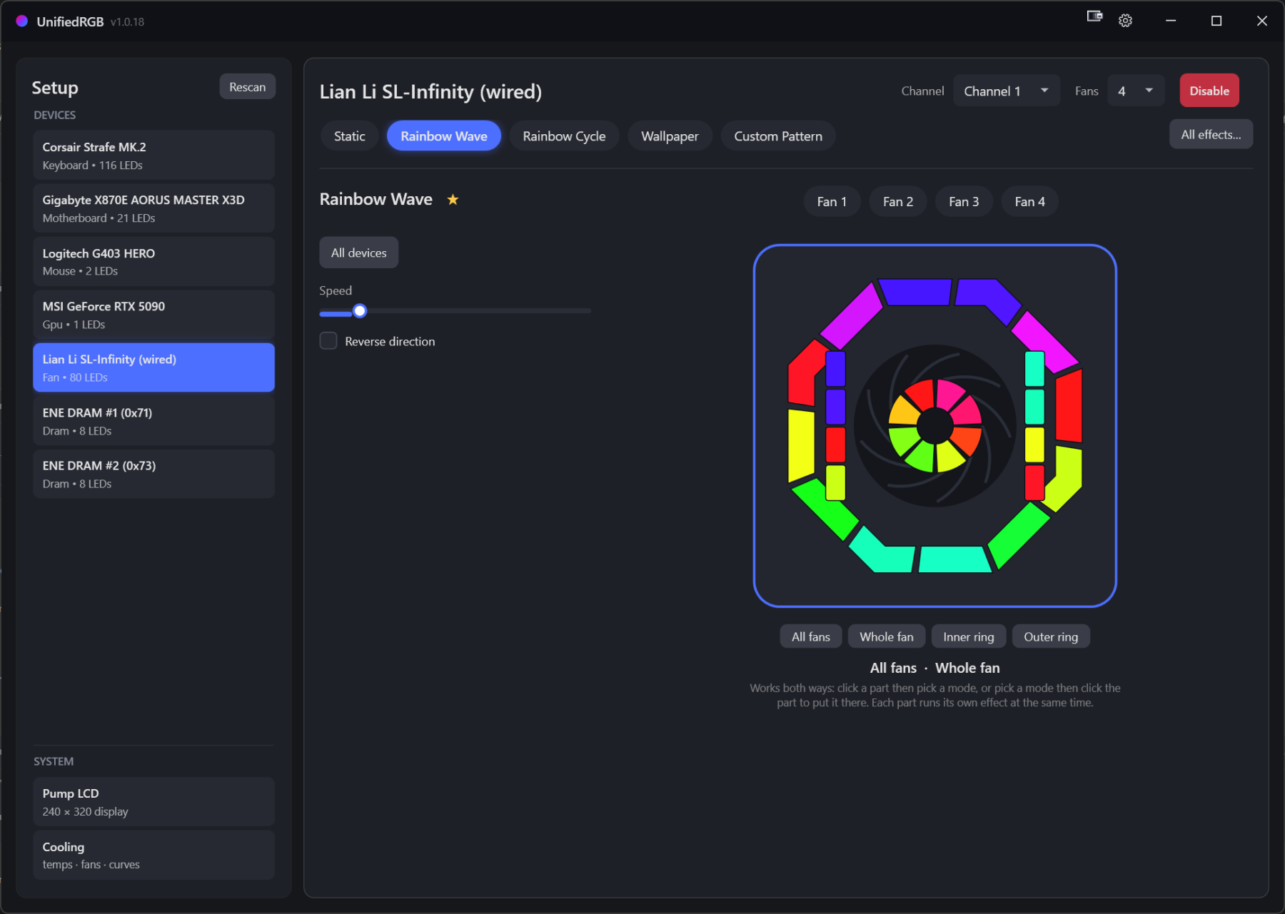 Lian Li SL-Infinity fans running Rainbow Wave with per-ring zone selection