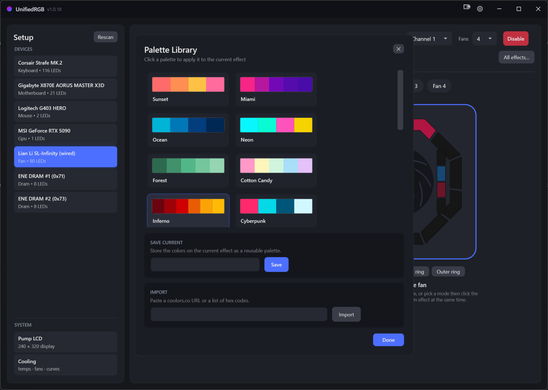 The Palette Library showing preset palettes, save-current, and coolors.co import
