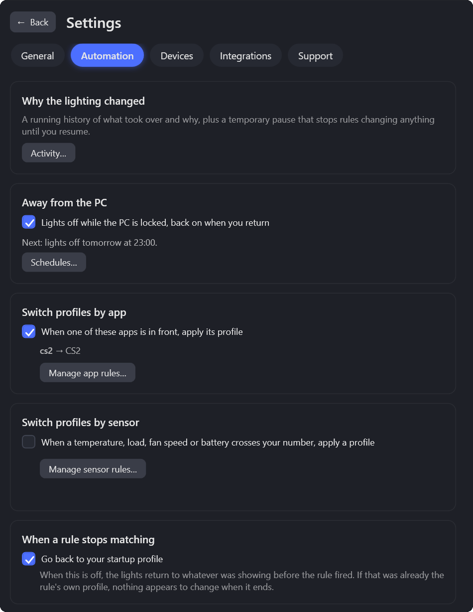 Settings, Automation: the activity log, lights off when away, app rules and sensor rules